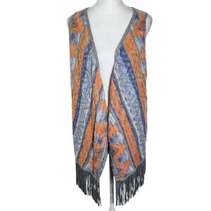 INC International Concepts Gray and Orange Aztec Vest with Fringe Size Medium